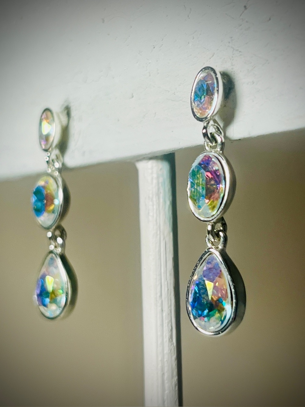 Givenchy AB Aurora Borealis Crystal SIGNED Silver Toned Dangle Earrings